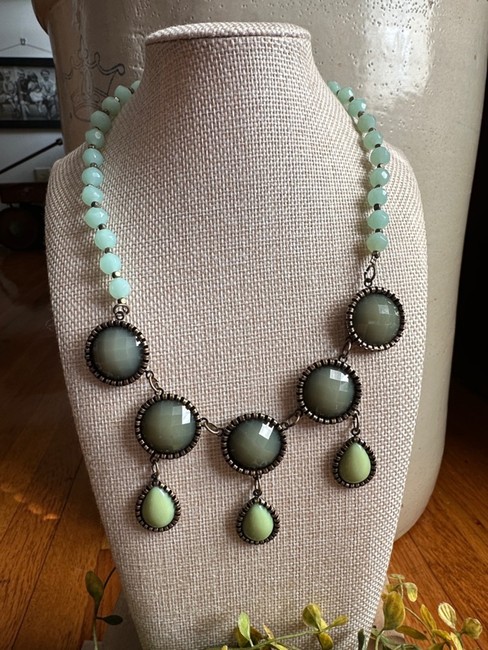 Mint Green and Olive tone Statement Bib Necklace